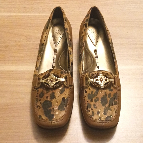 Bellini "Bobcat" Tan Leather Animal Print Loafers in Size 7M - Picture 2 of 12
